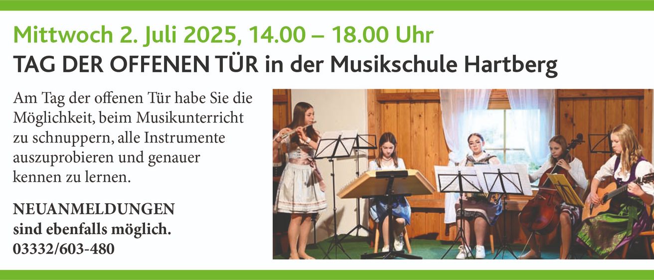Ein Musikschulereignis am 02/25 von 14:00 bis 18:00 Uhr. Drei Mädchen spielen Instrumente in einem Raum.
