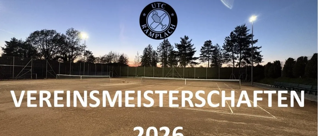 Plakat für die Vereinsmeisterschaften 2026 mit Tennisspieler, Grill und Barbecue. Gruppenspiele vom 1. bis 24. September, Finalspiele vom 25. bis 27. September. Anmeldung bei der Tennishütte.