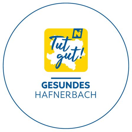 Das Logo für Tut gut! Gesundes Hafenbach, mit einem gelben Quadrat, das eine Kartenumrisslinie und den Text Tut gut! in Blau enthält, in einem blauen Kreis.