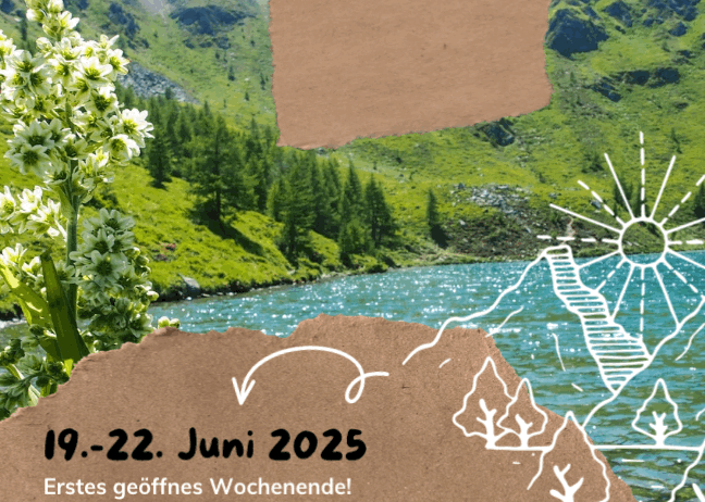 Eine Illustration von Bergen, Wasser und Grün. Das Datum '19.-22. Juni 2025' ist zu sehen zusammen mit dem Satz 'Erstes geöffnetes Wochenende!'
