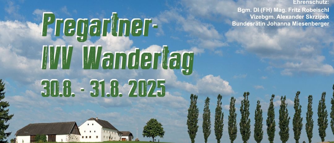 Pregartner-WV Wandertag vom 8. August bis 31. August 2025. Ein Bild eines Bauernhofs mit bewölktem Himmel.