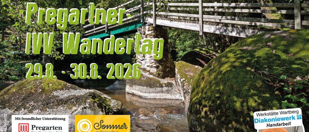 Plakat für die Veranstaltung 'Gegärtner Wandertag'. Die Veranstaltung ist vom 8. August bis 30. August 2016 geplant. Das Plakat zeigt eine Holzbrücke über einem Gewässer mit moosbewachsenen Felsen auf beiden Seiten. Es gibt grünen Text mit Logos der Sponsoren darunter.