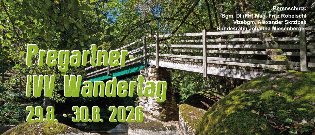 Plakat für die Eggerliner Wandertag-Veranstaltung. Das Event ist vom 8. bis 30. August 2016 datiert. Eine Brücke über einen Bach und ein moosbewachsener Fels. Mehrere Logos von Sponsoren sind zu sehen.