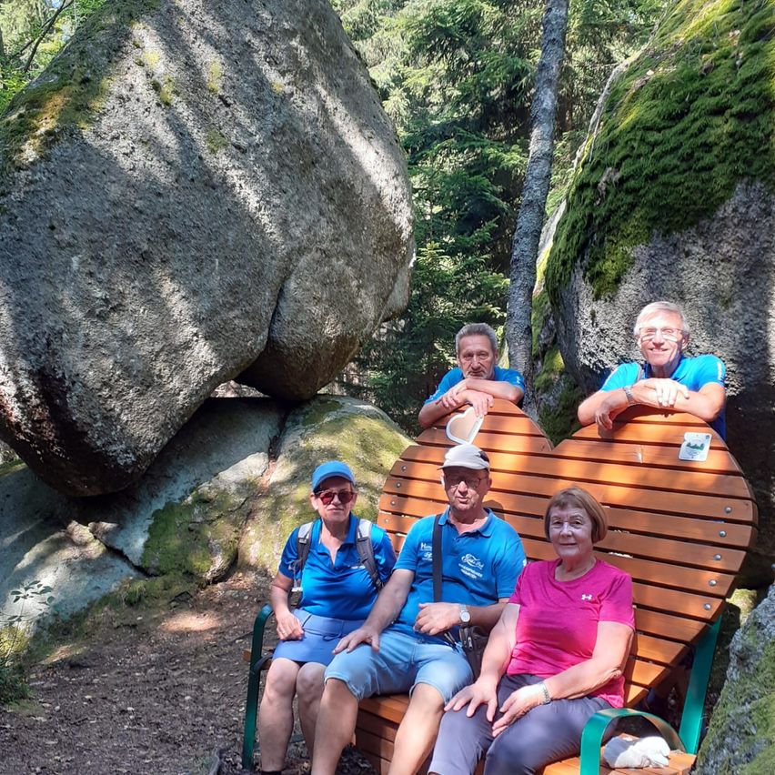 Vier Personen sitzen auf einer holzherzförmigen Bank im Wald, mit großen Felsen im Hintergrund. Alle lächeln und sind in Blau und Pink gekleidet.