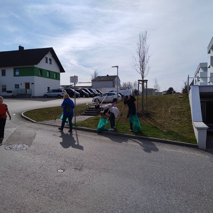 Eine Gruppe von Menschen sammelt Müll am Straßenrand. Ein Haus und Autos sind im Hintergrund.