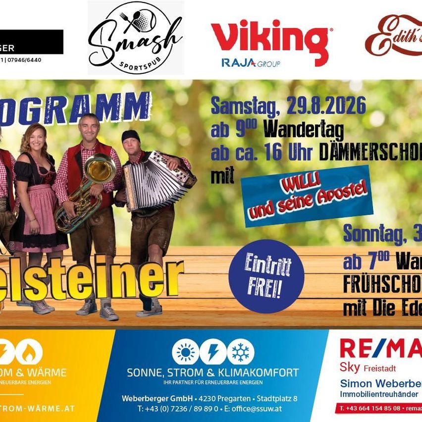Ein Werbeplakat für ein Musikevent mit einer Gruppe von Menschen in traditioneller deutscher Kleidung, die verschiedene Instrumente spielen. Das Event ist für Samstag, den 29. August 2026, ab 21 Uhr geplant.