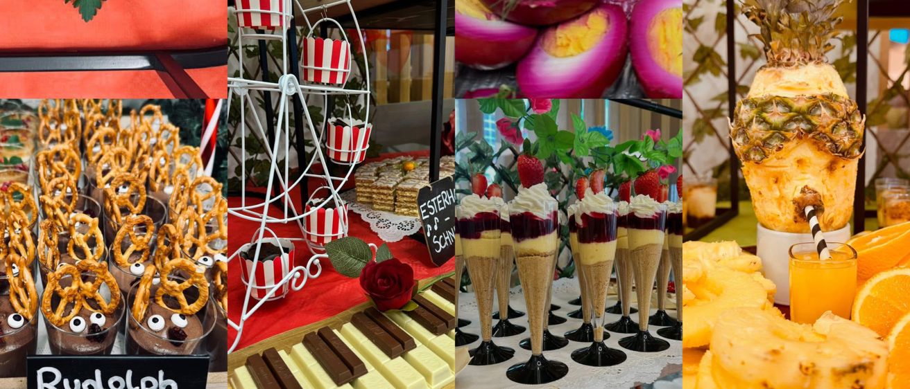 Eine Collage von festlichen Feiertagsgerichten. Brotschneemänner, bunte Fruchtspieße, Mini-Sandwiches, Brezeln, Cupcakes und Ananasdesserts.