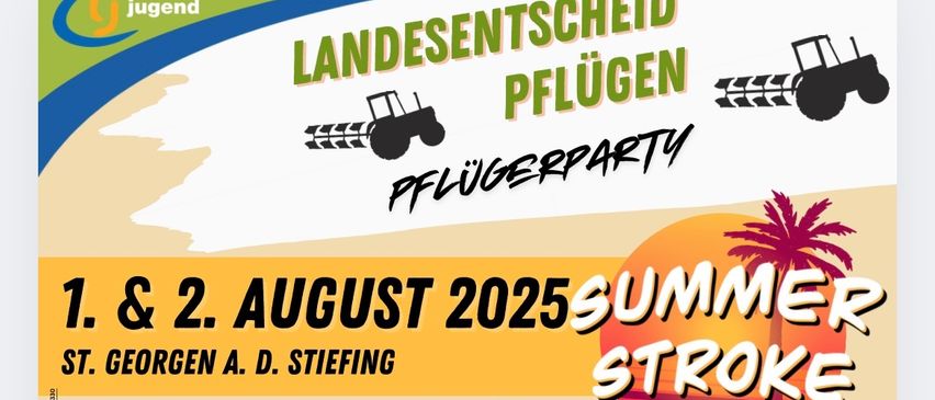 Ein Werbeplakat für die Landesentscheid Pfluger Party am 2. August 2025. Das Plakat zeigt einen Traktor und eine Sommersonne. Es enthält den Text 'Sommersturm' und 'Events DJs Vereinigung.'