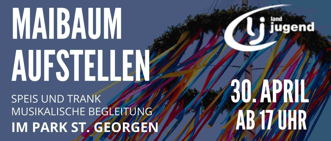 Banner mit Bändern und dekorativem Grün. Der Text lautet 'MAY WREATH', '30TH ANNIVERSARY' und 'AT GEORGEN'. Der Hintergrund ist blau.