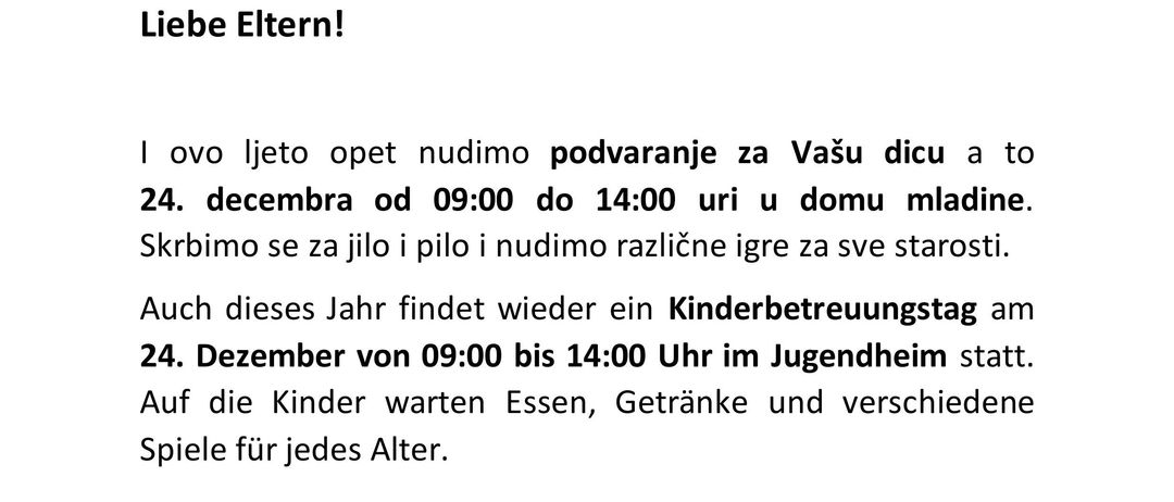 Liebe Eltern! Am 24. Dezember von 09:00 bis 14:00 Uhr treffen wir uns zu Hause für Weihnachten. Wir spielen und haben verschiedene Spiele für jedes Alter. Die Katholische Jugend Guttenbach wünscht Ihnen frohe Weihnachten.