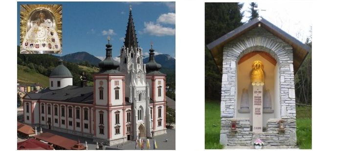 Jubiläum der Stinitzer Wallfahrtsstatue in Aschbach. Veranstaltung am 5. Juli 2025, einschließlich einer Wallfahrt nach Mariazell. Enthält Bilder der Statue und einer Kapelle.
