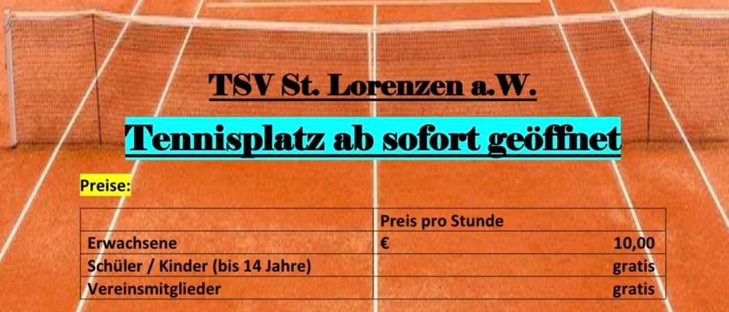 Reservierungsdetails für den Tennisplatz. Erwachsene zahlen 10 Euro pro Stunde, Schüler und Kinder bis 14 Jahre sind kostenlos. Mitglieder spielen ebenfalls kostenlos. Die Buchung muss online über die Website erfolgen. Der Schlüssel befindet sich im Schließfach bei der Tennishalle. Eine Registrierung ist vor der ersten Buchung erforderlich.