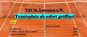 Reservierungsdetails für den Tennisplatz. Erwachsene zahlen 10 Euro pro Stunde, Schüler und Kinder bis 14 Jahre sind kostenlos. Mitglieder spielen ebenfalls kostenlos. Die Buchung muss online über die Website erfolgen. Der Schlüssel befindet sich im Schließfach bei der Tennishalle. Eine Registrierung ist vor der ersten Buchung erforderlich.