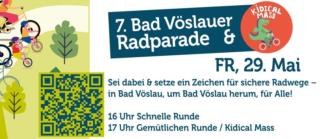 Plakat für die Stammtisch Bad Vöslau Fahrradparade. Details umfassen Start um 19 Uhr im College Garten Hotel. QR-Code vorhanden. Deutscher Text auf dem Plakat.