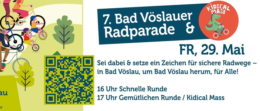 Plakat für Stammtisch Bad Vöslau mit QR-Code, das eine Familie zeigt, die Fahrrad fährt. Veranstaltungen beinhalten 19 Uhr College im Garten Hotel, 7. Bad Vöslau Radparade und 16 Uhr Schnelle Runde.