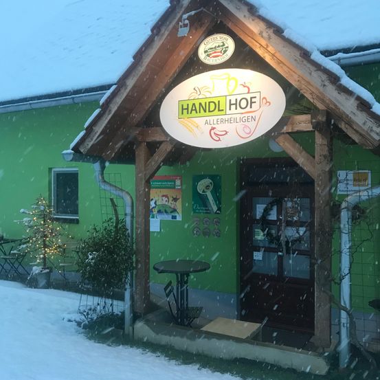 Der Eingang eines grünen Gebäudes mit einem Schild, das 'Handl Hof Allerheiligen' steht. Schnee liegt auf dem Boden und Dach, und es gibt Pflanzen und einen kleinen Tisch in der Nähe.