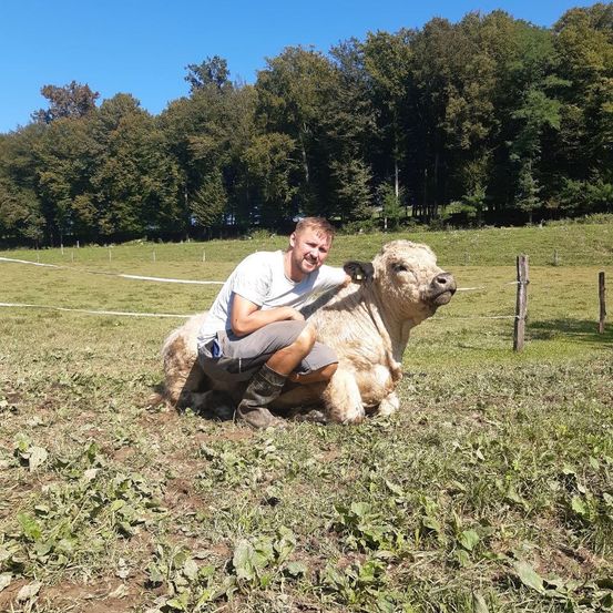 Ein Mann in einem weißen T-Shirt und schwarzen Stiefeln kniet neben einer weißen Kuh auf einem Feld.