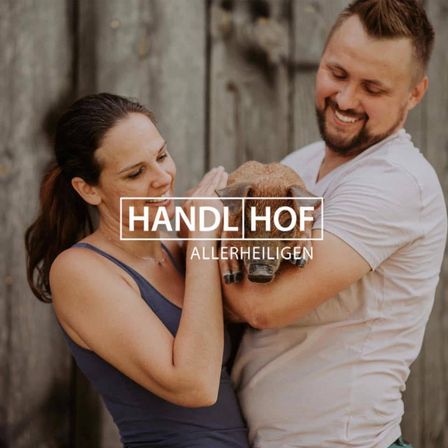 Ein lächelndes Paar hält ein kleines Schwein vor einer Holzwand. Der Text lautet 'HANDL HOF ALLERHEILIGEN'.