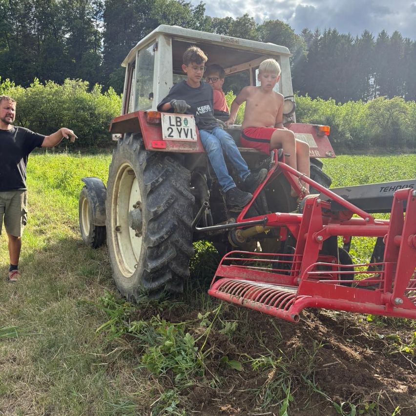 Ein Mann und zwei Jungen stehen neben einem roten Traktor mit dem Kennzeichen LB 2 YVI. Ein Junge sitzt auf dem Traktor und der andere steht daneben. Der Mann zeigt auf etwas.
