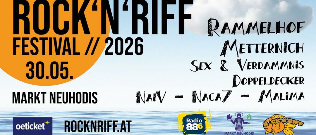 Eine Werbung für das K'N'Riff Radio-Event am 11. März 2026 mit Sex & Doris und Nav - Naca7. Das Logo ist unten angebracht.