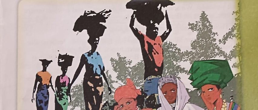 An illustration shows women from Nigeria carrying baskets on their heads with a motivational quote 'Kommt, lasst euch stärken!' above.