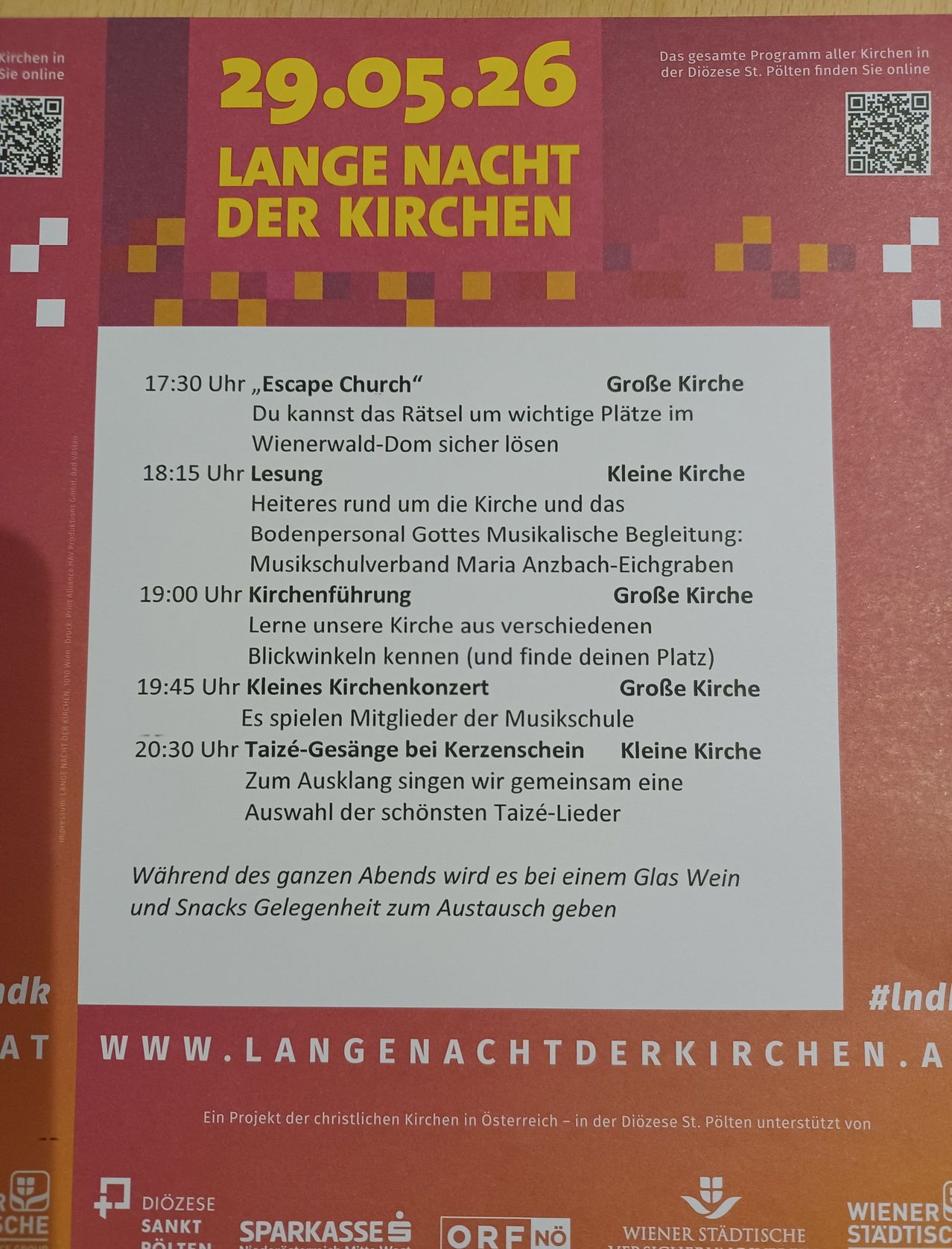 A red and white poster advertises 'Lange Nacht der Kirchen'. The schedule includes an Escape Church at 5:30 PM, a reading at 6:15 PM, a church tour at 7:00 PM, a small church concert at 7:45 PM, and Taizé singing at 8:30 PM. Wine and snacks are available.