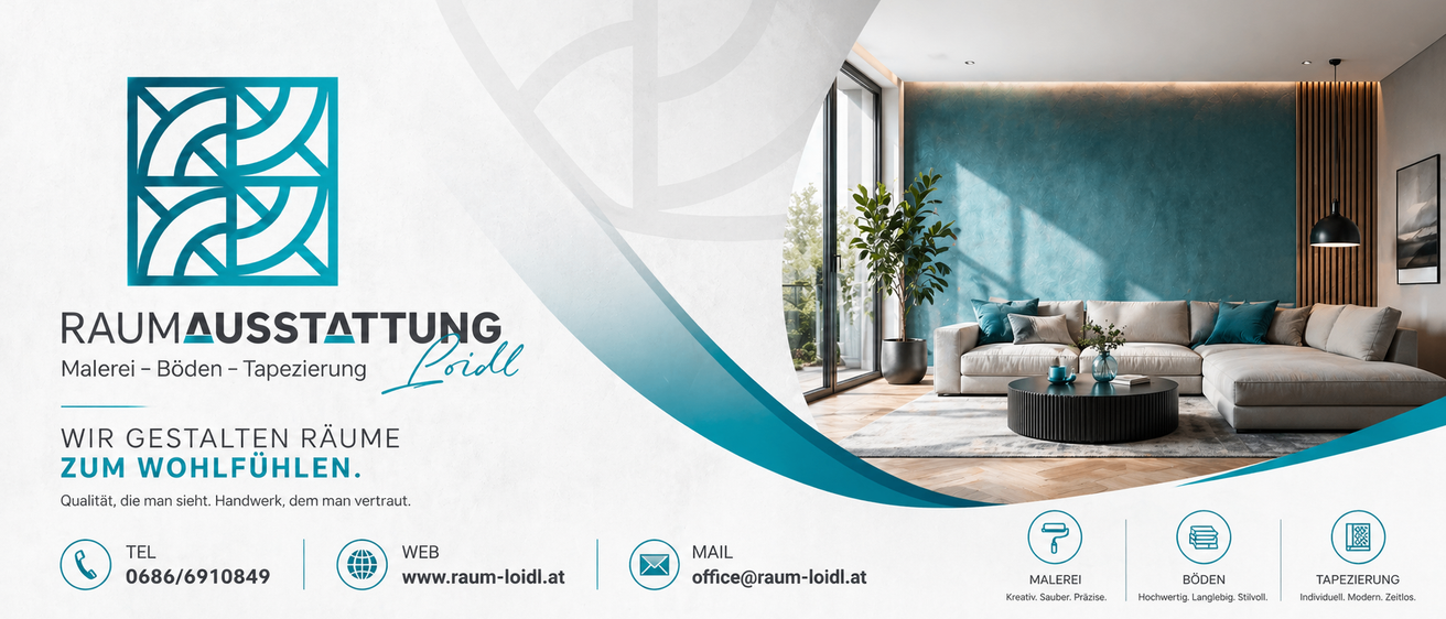 Innenarchitekturfirma Raum Loidl mit Webseite www.raum-loidl.at und E-Mail office@raum-loidl.at. Bild zeigt ein modernes Wohnzimmer mit blauen Wänden, einer Couch, einer Pflanze und einem Tisch.