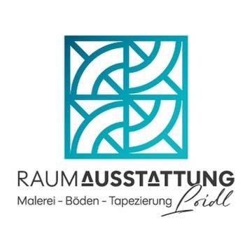 Das Bild zeigt ein Logo für Raumausstatter Loidl, das Dienstleistungen wie Malerarbeiten, Bodenbeläge und Tapezierarbeiten anbietet. Das Logo zeigt ein geometrisches Muster in Blau und Weiß, wobei der Firmenname in fetten Buchstaben hervorgehoben ist.