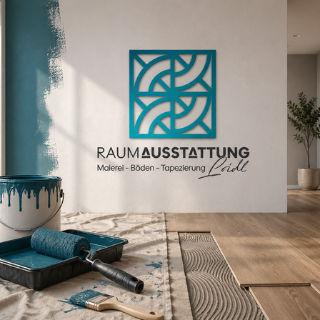 Eine Werbung für Raumausstattung von Loidl zeigt ein blaues geometrisches Design an einer Wand mit einem Eimer und einem Roller auf dem Boden. Eine Topfpflanze steht in der Ecke.