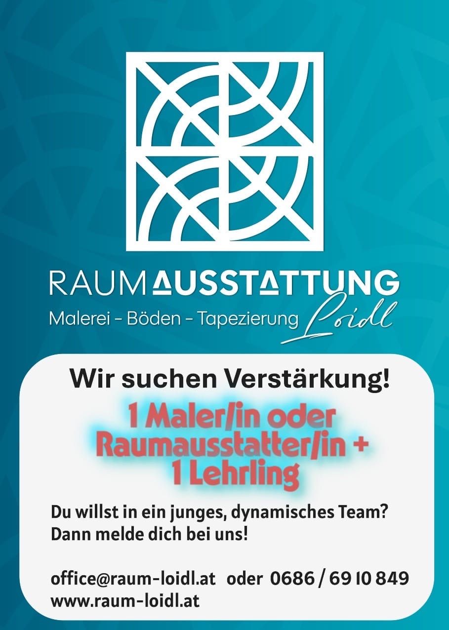 A poster advertising for Raumausstattung Malerei - Boden - Tapezierug. The poster reads 'We are looking for reinforcement! 1 male or female Raumausstatter/in + 1 apprentice.' The poster includes a logo for Raumausstattung Malerei - Boden - Tapezierug.