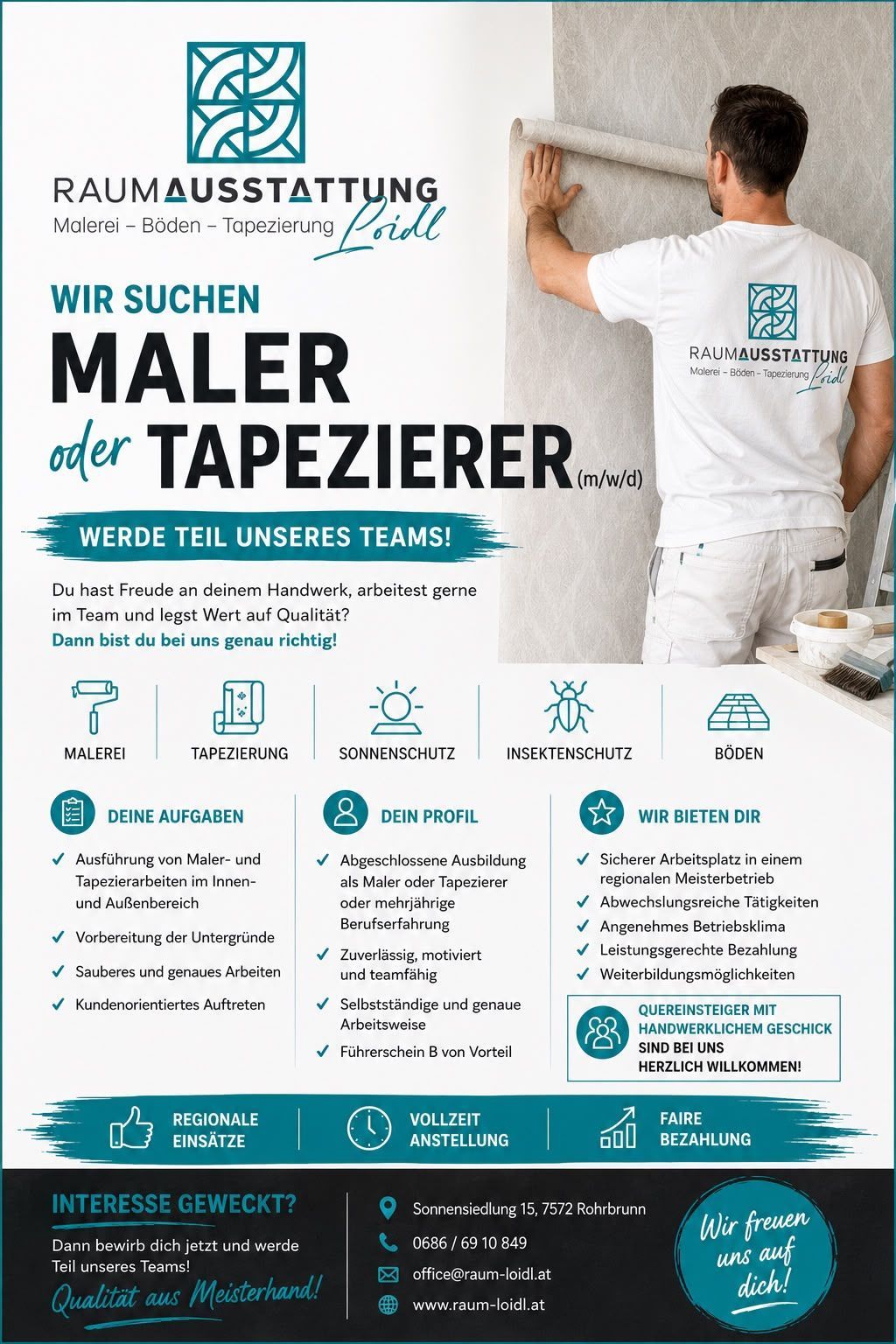 Job advertisement poster for painters and upholsterers, featuring a person in work clothes with a white shirt and logo, offering team membership, tasks, profile, and benefits.