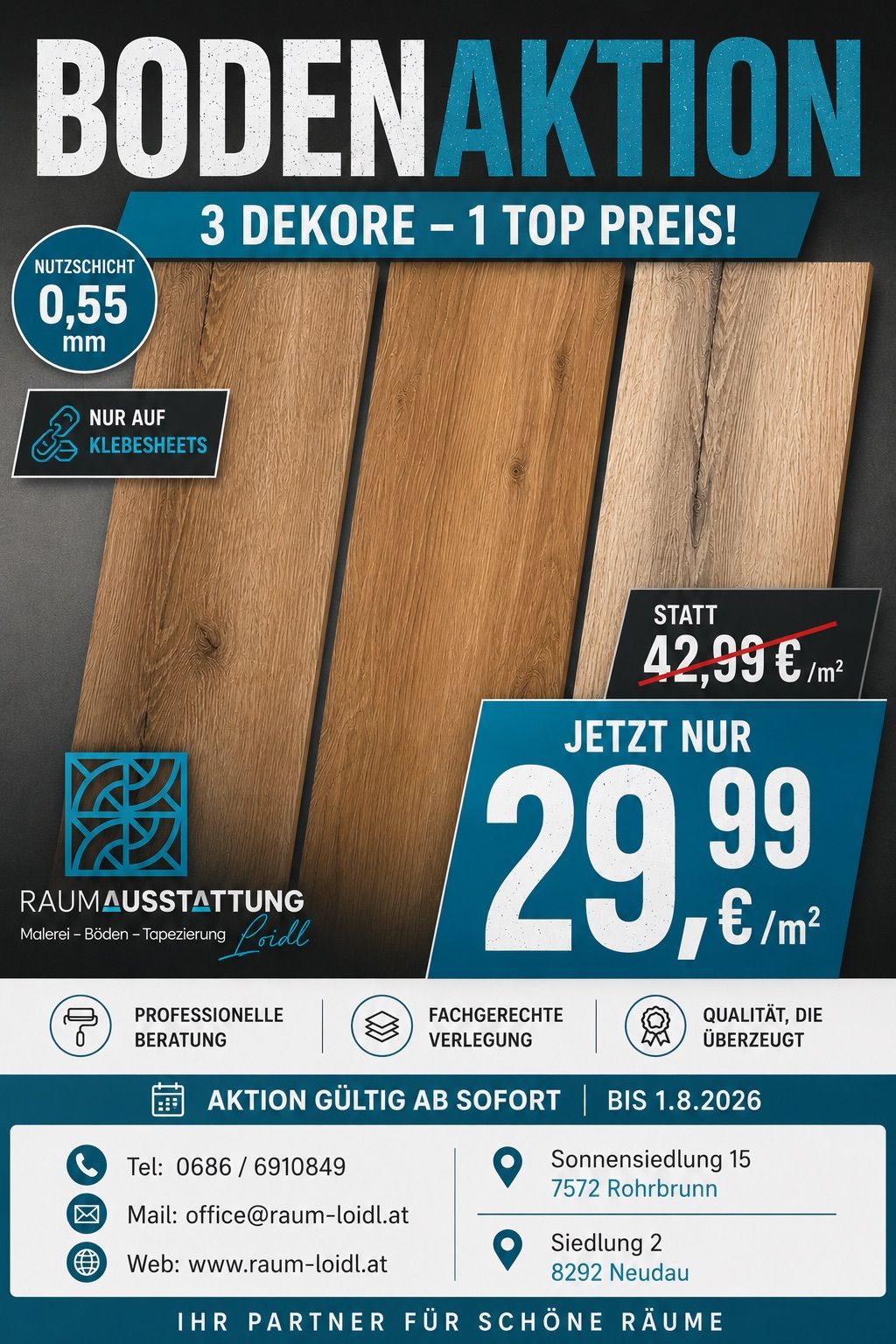 Advert for wooden flooring. Features 3 decors, original price 42.99 euros per square meter, now only 29.99 euros per square meter. Includes professional advice and expert installation. Valid until August 1, 2026.