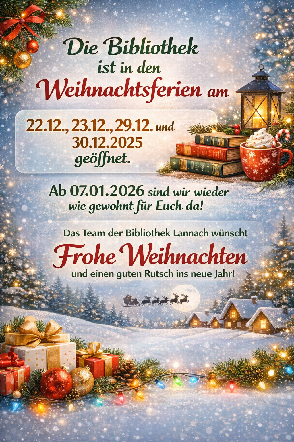 Weihnachtsferien am 22.12., 23.12., 29.12. und 30.12.2025 geöffnet. Ab 07.01.2026 sind wir wieder wie gewohnt für Euch da! Das Team der Bibliothek Lannach wünscht Frohe Weihnachten und einen guten Rutsch ins neue Jahr!