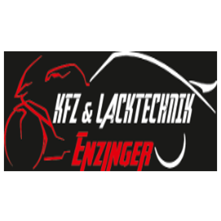 Schwarzer Hintergrund mit einem roten und weissen Logo, das 'KFZ & LACKTECHNIK Enzinger' besagt. Das Logo hat eine gebogene Form mit einem Motorraddesign auf der linken Seite.