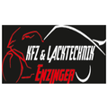 Schwarzer Hintergrund mit einem roten und weissen Logo, das 'KFZ & LACKTECHNIK Enzinger' besagt. Das Logo hat eine gebogene Form mit einem Motorraddesign auf der linken Seite.