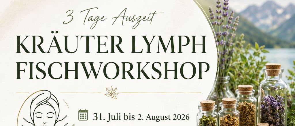Workshopposter für 'Fisch Workshop' in einem Berggasthaus, mit Wandern, Angeln, Räuchern von Forellen und Kräuterbehandlungen. Geplant vom 31. Juli bis 2. August 2026.