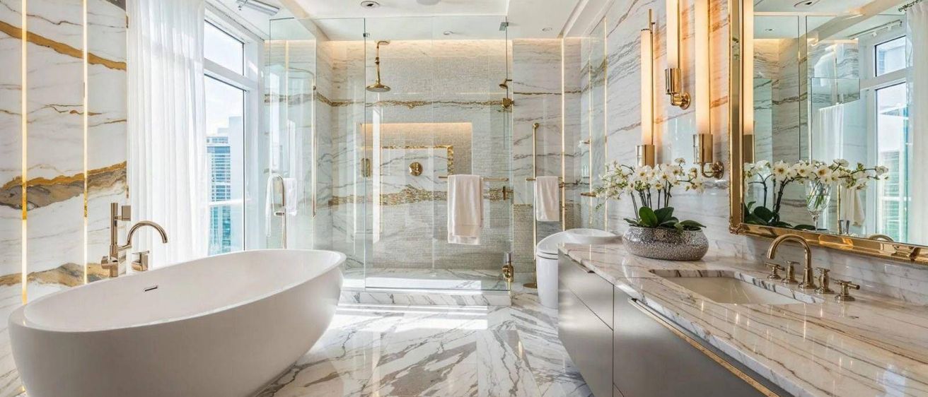 Ein modernes Badezimmer mit einer großen weißen Badewanne, einer Glasdusche und Marmorwänden und -böden. Es hängen zwei Handtücher an der Wand und eine Blumenvase auf dem Waschtisch.