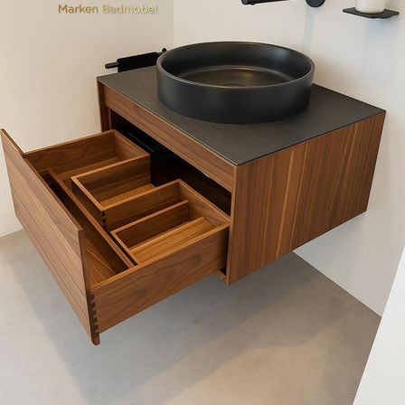 Ein modernes Badezimmer-Schrank mit großem schwarzem Waschbecken und offenen Schubladen. Der Schrank ist aus Holz mit einer schwarzen Arbeitsplatte.