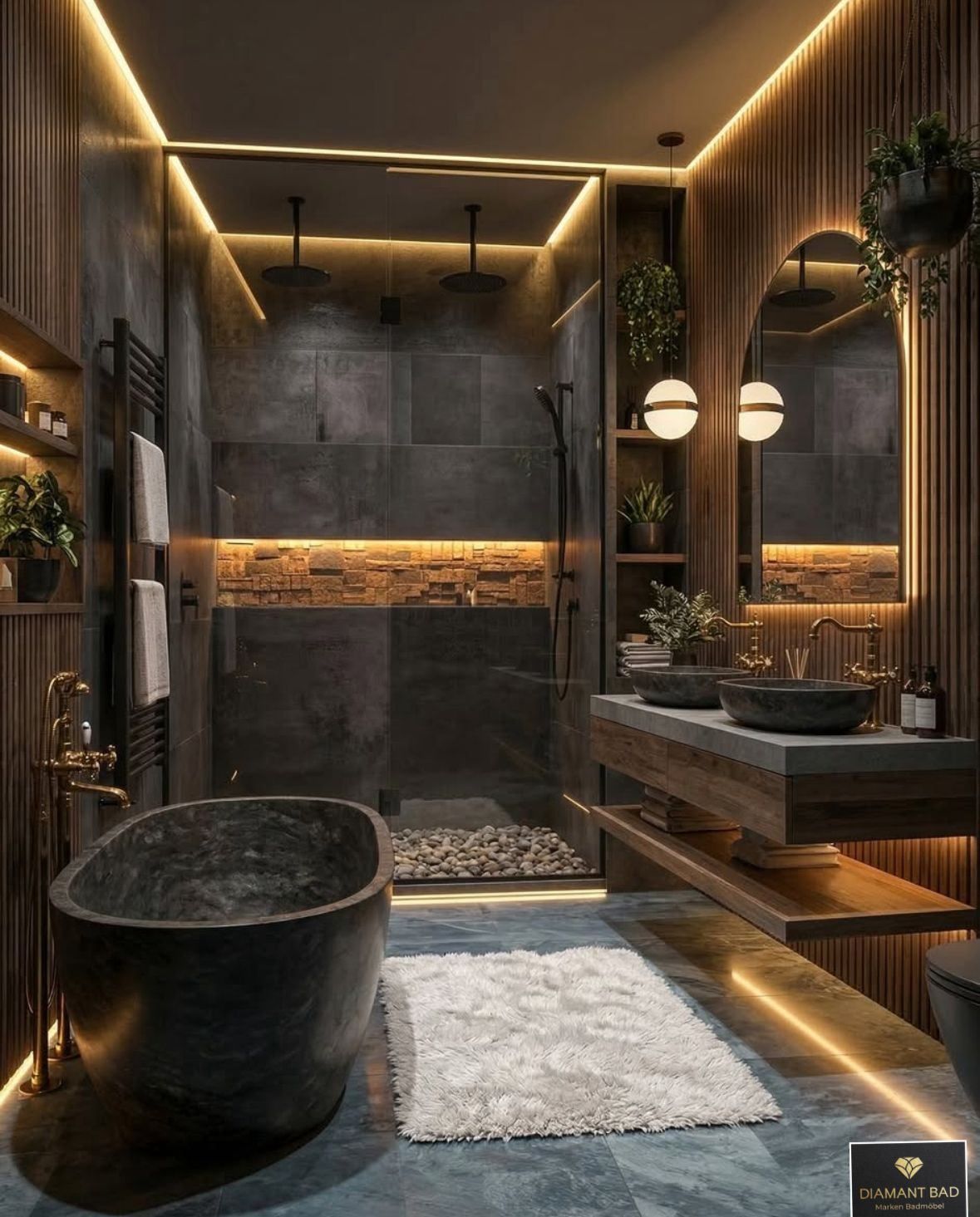 Ein modernes Badezimmer mit einer großen Badewanne, zwei Waschbecken, einer Dusche und Holzregalen mit Pflanzen. Die Lampen sind an der Decke, und Handtücher hängen am Handtuchhalter.