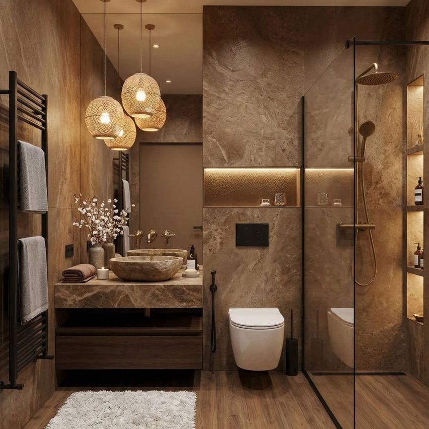 Ein modernes Badezimmer mit Holzboden, einer großen Marmortheke, zwei Waschbecken und einer Dusche mit Glastür.