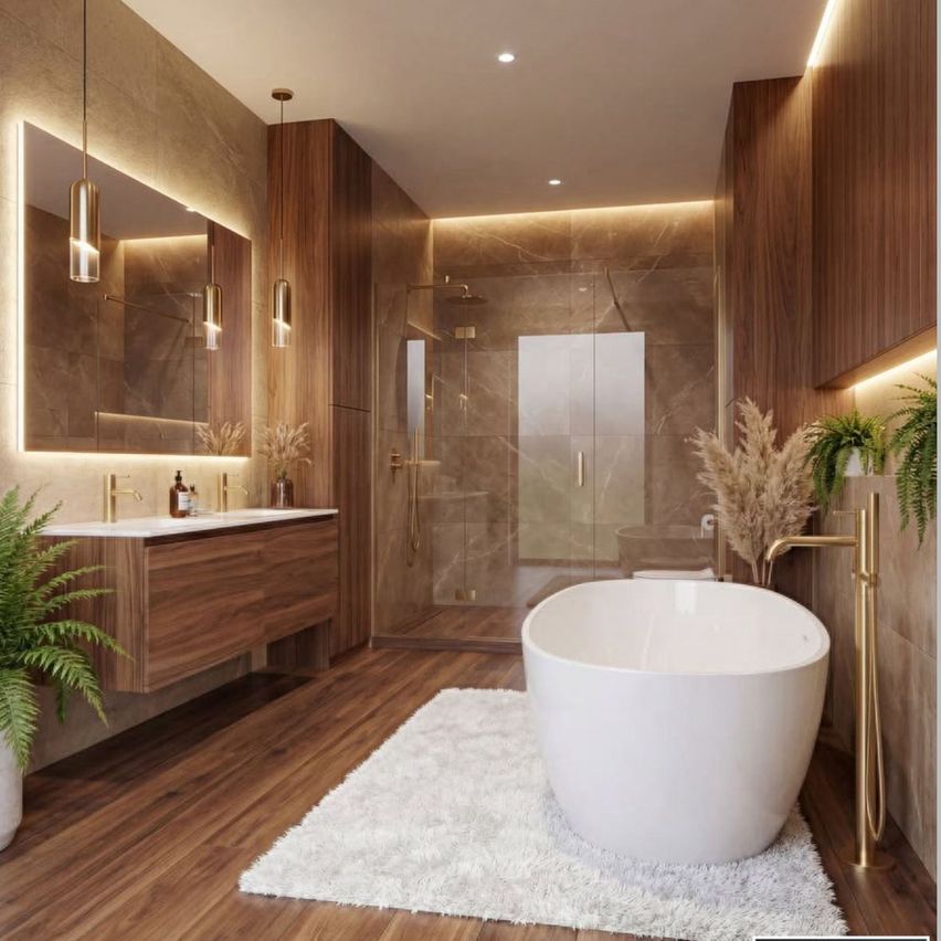 Ein modernes Badezimmer mit Holzböden, einer großen Badewanne, einem Waschtisch, einem großen Spiegel und einer Dusche. Die Wände sind aus Marmor, und es gibt eine Pflanze in einem weißen Topf.