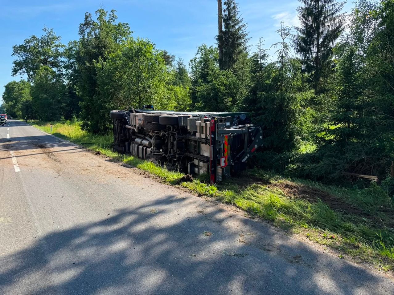 An overturned vehicle lies on its side by the roadside, surrounded by tall trees and grass.