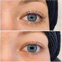 Zwei Nahaufnahmen von Frauenaugen vor und nach dem Auftragen von Make-up, die die Wirkung des Make-ups auf die Wimpern und die Haut zeigen.