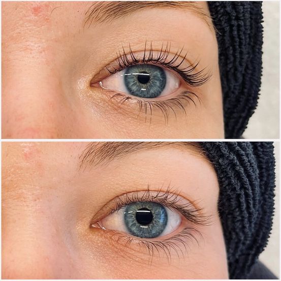 Zwei Nahaufnahmen von Frauenaugen vor und nach dem Auftragen von Make-up, die die Wirkung des Make-ups auf die Wimpern und die Haut zeigen.