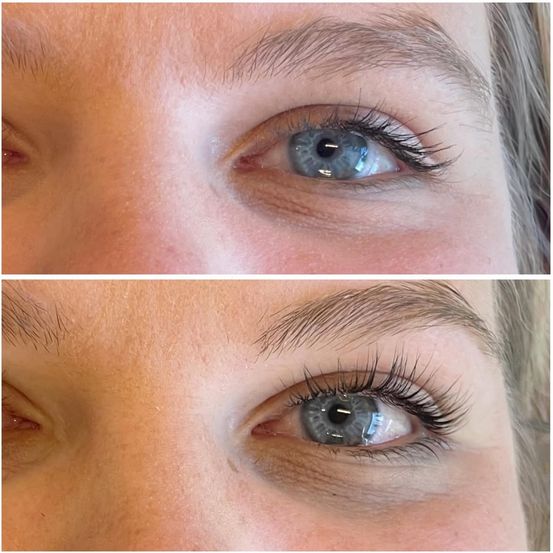 Zwei Nahaufnahmen der Augen einer Frau vor und nach einer Wimpernlifting. Das obere Bild zeigt den ursprünglichen Zustand, während das untere die verbesserten, gehobenen Wimpern zeigt.