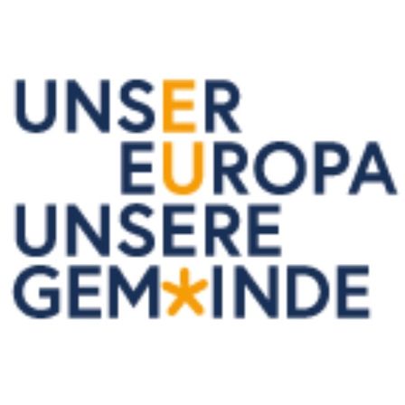 Ein Logo zeigt 'UNSER EUROPA UNSERE GEMEINDE', wobei 'UNSER' in Blau, 'EUROPA' in Gelb und 'UNSERE GEMEINDE' in Blau mit einem gelben Stern steht.