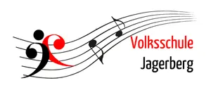 Ein roter Violinschlüssel und Musiknoten sind mit dem Text 'Volkss Ja' in roter Schrift dargestellt. Der Hintergrund ist weiß.