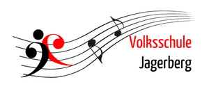 Ein roter Violinschlüssel und Musiknoten sind mit dem Text 'Volkss Ja' in roter Schrift dargestellt. Der Hintergrund ist weiß.