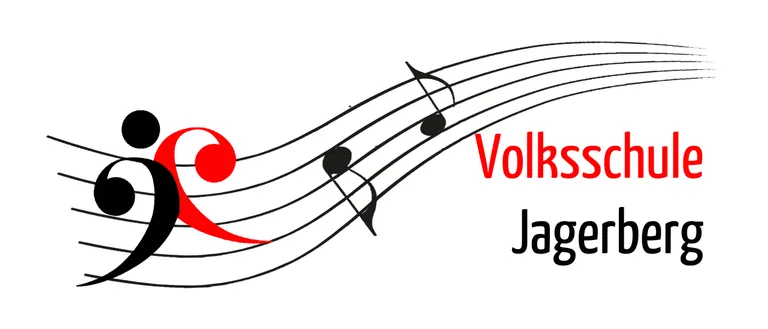 Ein roter Violinschlüssel und Musiknoten sind mit dem Text 'Volkss Ja' in roter Schrift dargestellt. Der Hintergrund ist weiß.