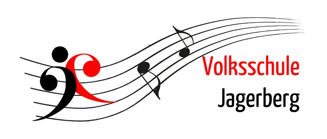 Ein roter Violinschlüssel und Musiknoten sind mit dem Text 'Volkss Ja' in roter Schrift dargestellt. Der Hintergrund ist weiß.